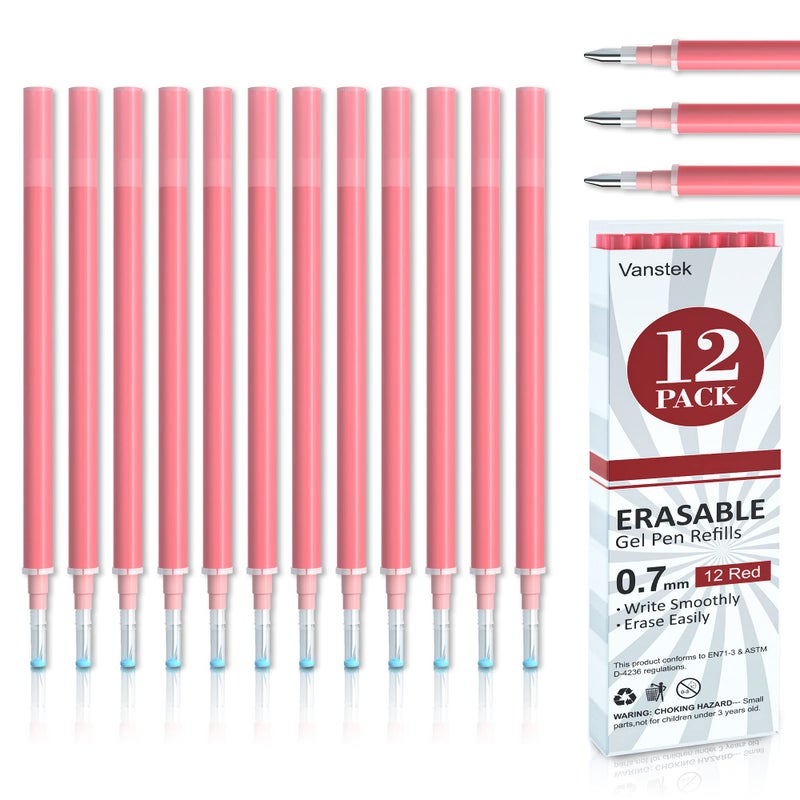 Vanstek 12 Red Erasable Gel Pen Refills, Gel Ink Refills Compatible with Erasable Pens, Fine Point 0.7 mm, Perfect for Writing Planner & Crossword Puzzles - Image 1